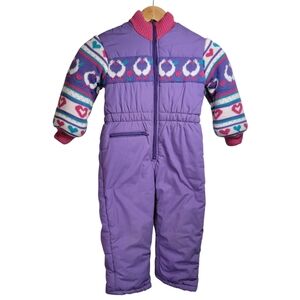 VTG Arctic Racer Snowsuit Kids Size 4 Purple Knitted Hearts Winter Kidcore EUC